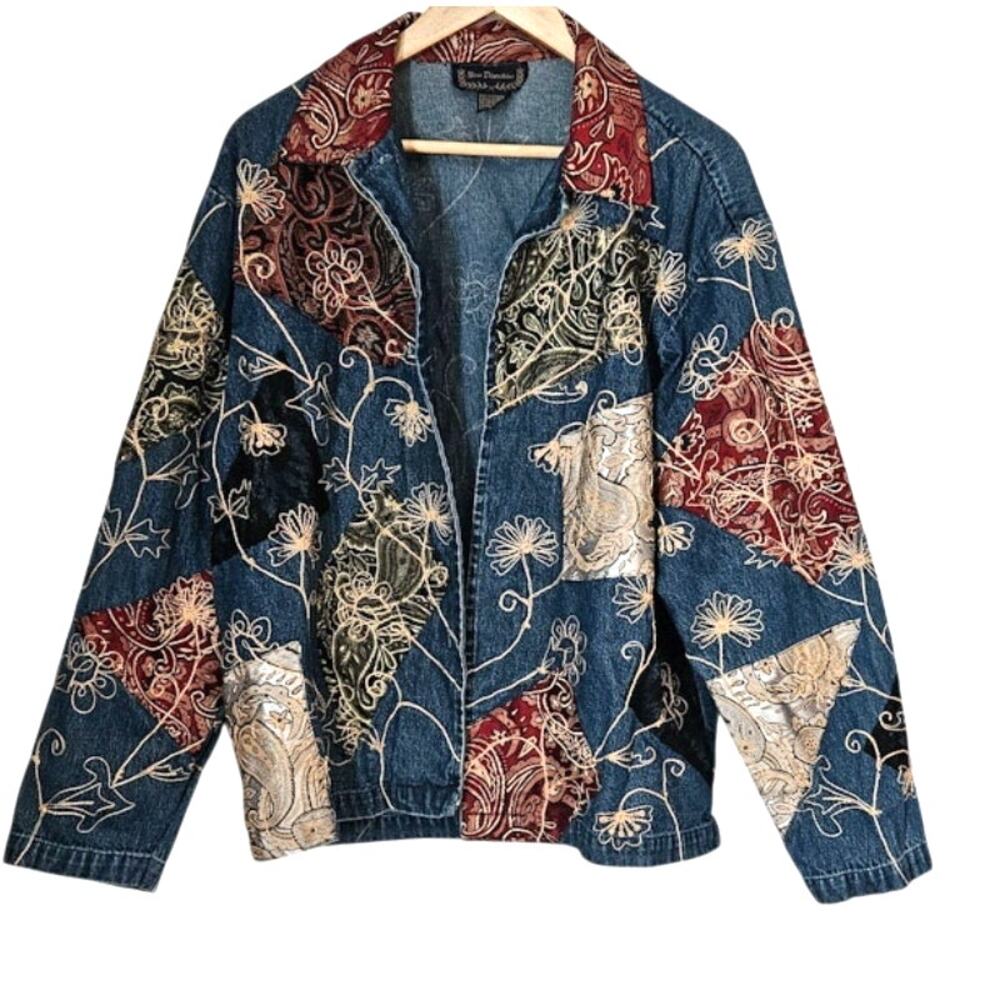 Vintage New Directions Y2K Jean Jacket XL Embroidered Floral Lace and Paisley